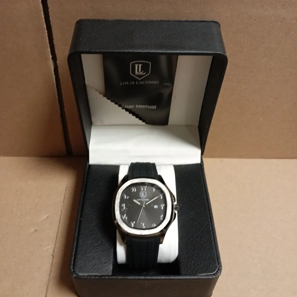 BOXED LOUIS LACOMBE BLACK DIAL WRISTWATCH WITH RUBBER STRAP