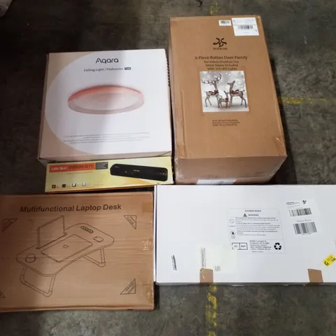 PALLET CONTAINING ASSORTED PRODUCTS INCLUDING CEILING LIGHT, 3-PIECE RATTAN DEER FAMILY, SHOWER MIXER, OFFICE LAMINATOR & MULTIFUNCTIONAL LAPTOP DESK 