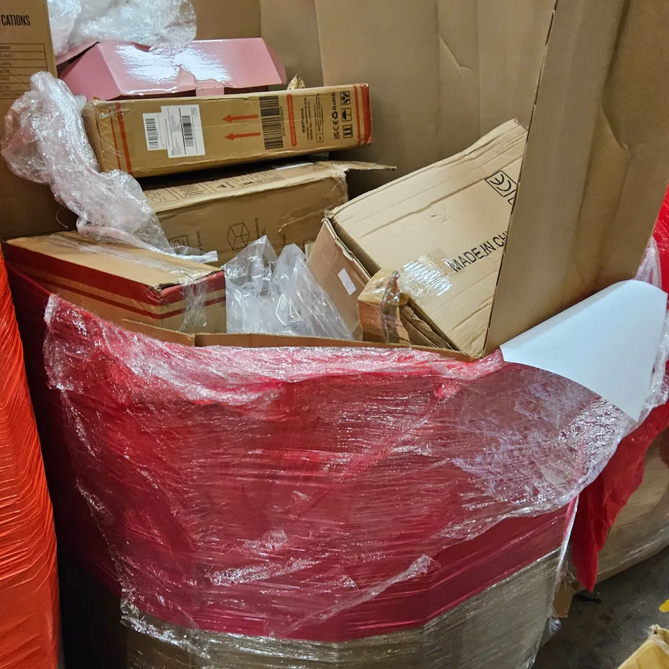 PALLET OF ASSORTED ITEMS TO INCLUDE, IOCHOW SHREDDER, BABY DOLL, PLUSH UNICORN ROCKING HORSE, OIL FILLED RADIATOR, ELECTRIC SPACE HEATER, PLAY TENT.