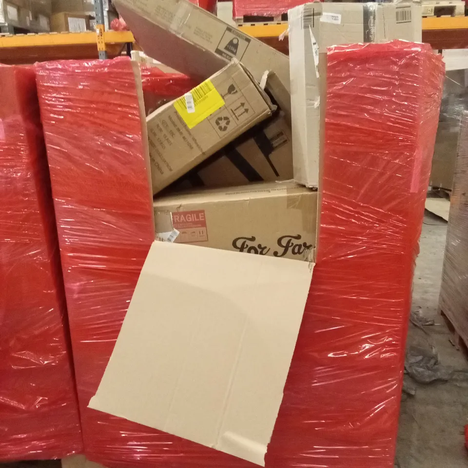 PALLET OF ASSORTED HOUSEHOLD GOODS AND PRODUCTS TO INCLUDE; WALKING PAD, WHEELCHAIR, BOXED FURNITURE ETC