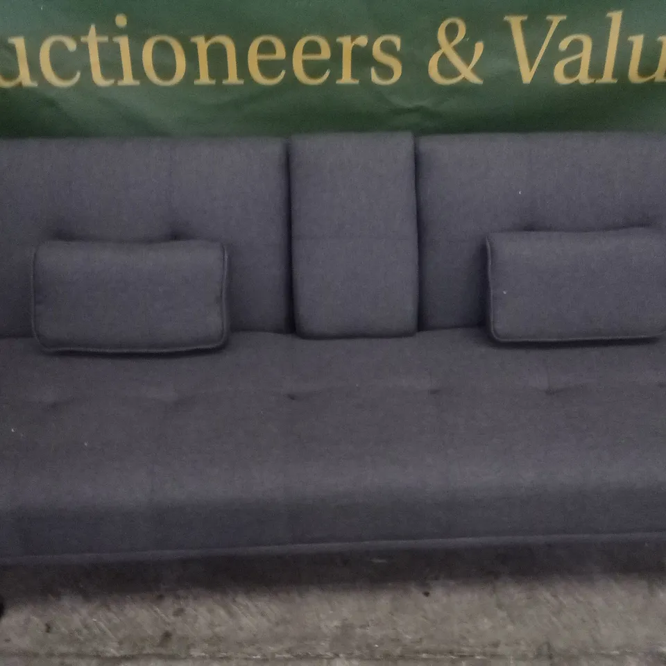 DESIGNER GREY FABRIC CLICK CLACK SOFABED WITH DRINKS HOLDER AND CHROME FEET