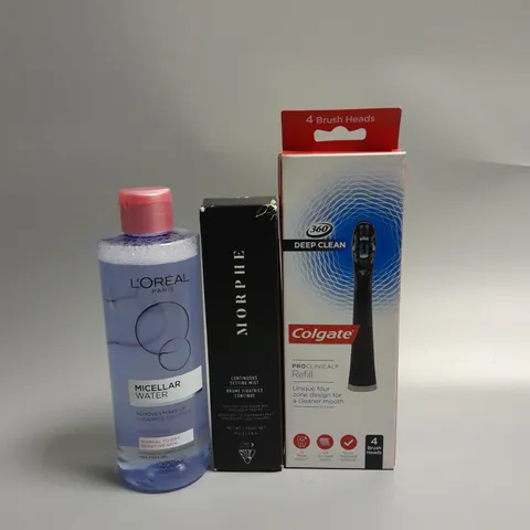 APPROXIMATELY 10 ASSORTED HEALTH AND BEAUTY PRODUCTS TO INCLUDE PACK OF COLGATE PRECLINICAL REFILL REPLACEMENT BRUSH HEADS, MORPHE CONTINUOUS SETTING MIST, LOREAL MICELLAR WATER