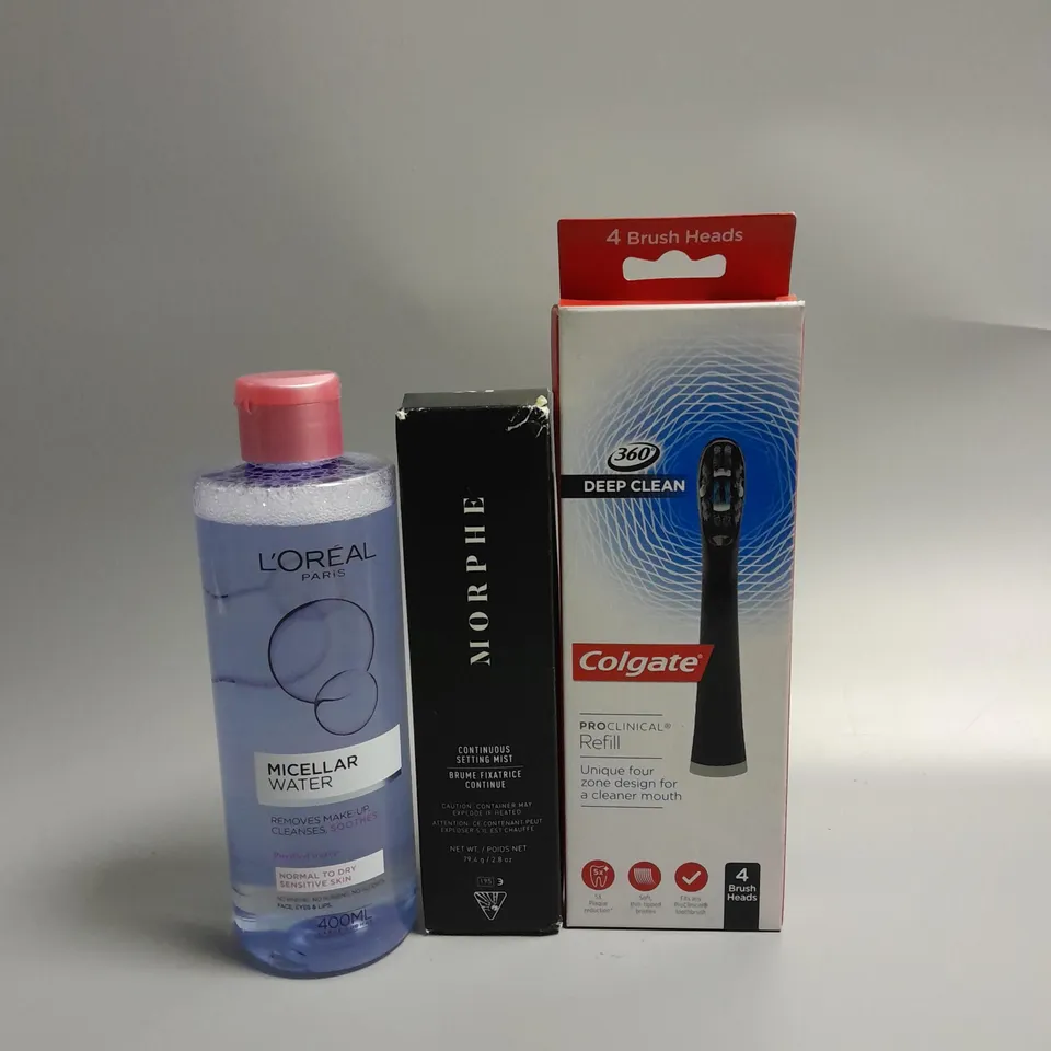 APPROXIMATELY 10 ASSORTED HEALTH AND BEAUTY PRODUCTS TO INCLUDE PACK OF COLGATE PRECLINICAL REFILL REPLACEMENT BRUSH HEADS, MORPHE CONTINUOUS SETTING MIST, LOREAL MICELLAR WATER
