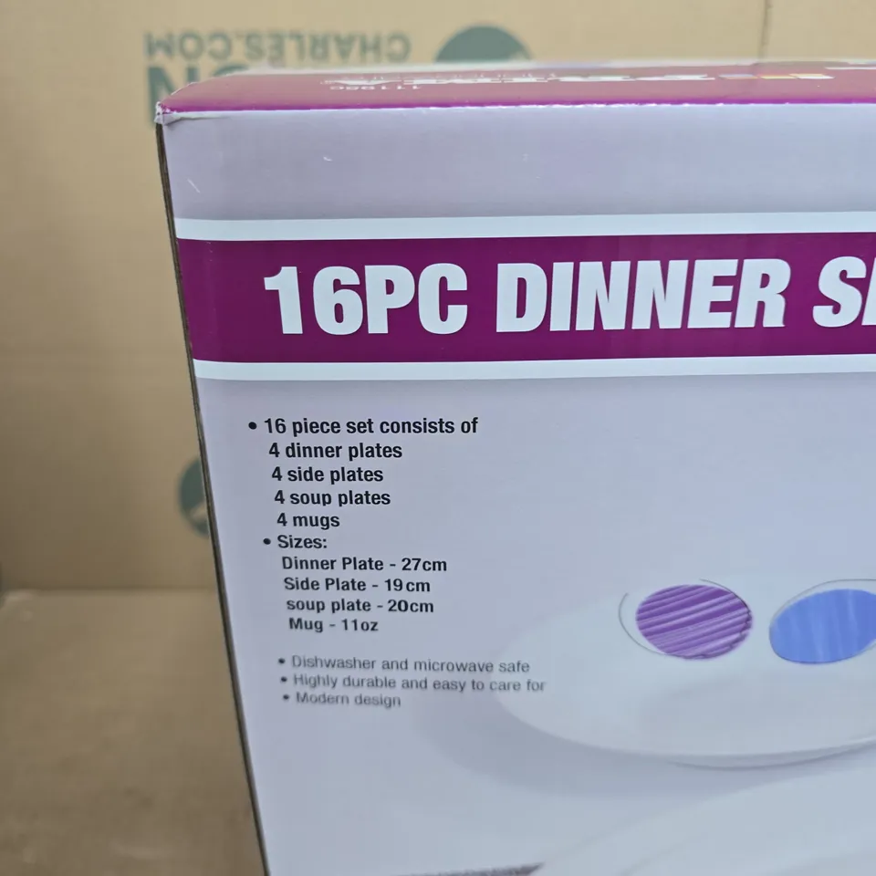 PRIMA 16-PIECE DINNER SET – WHITE WITH PURPLE/BLUE DOTS (BOXED)