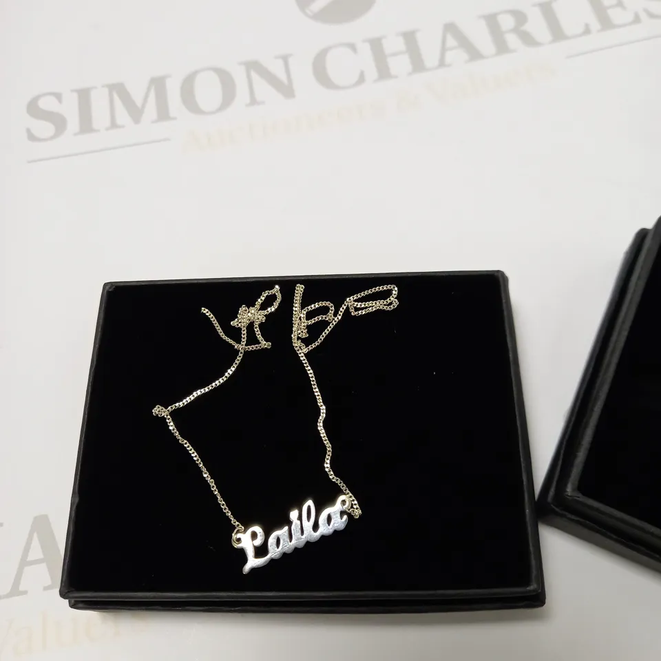 LOT OF TWO STERLING SILVER PERSONALISED SCRIPT NAME NECKLACE ON ADJUSTABLE CURB CHAIN, LAILA, LENNIE-RAE RRP £58