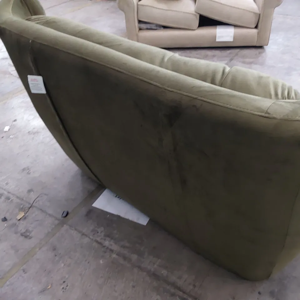 DESIGNER LUZERN TWO SEATER SOFA BUTTONED BACK GREEN PLUSH FABRIC