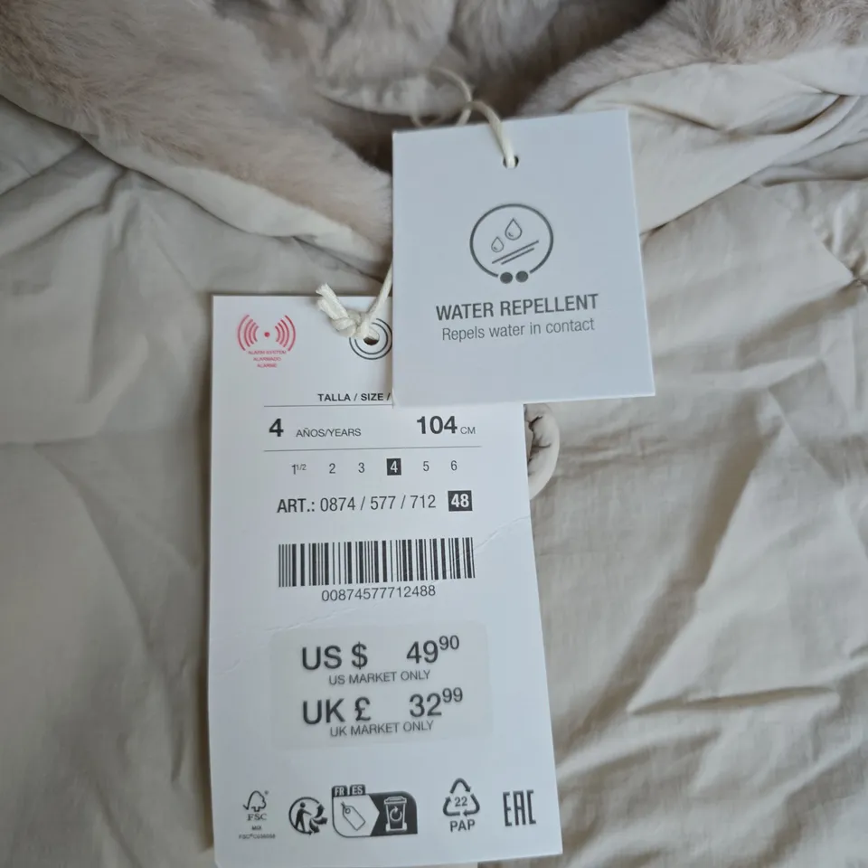 ZARA WATER REPELLENT HOODED KIDS COAT IN IVORY - 4 YRS 104CM