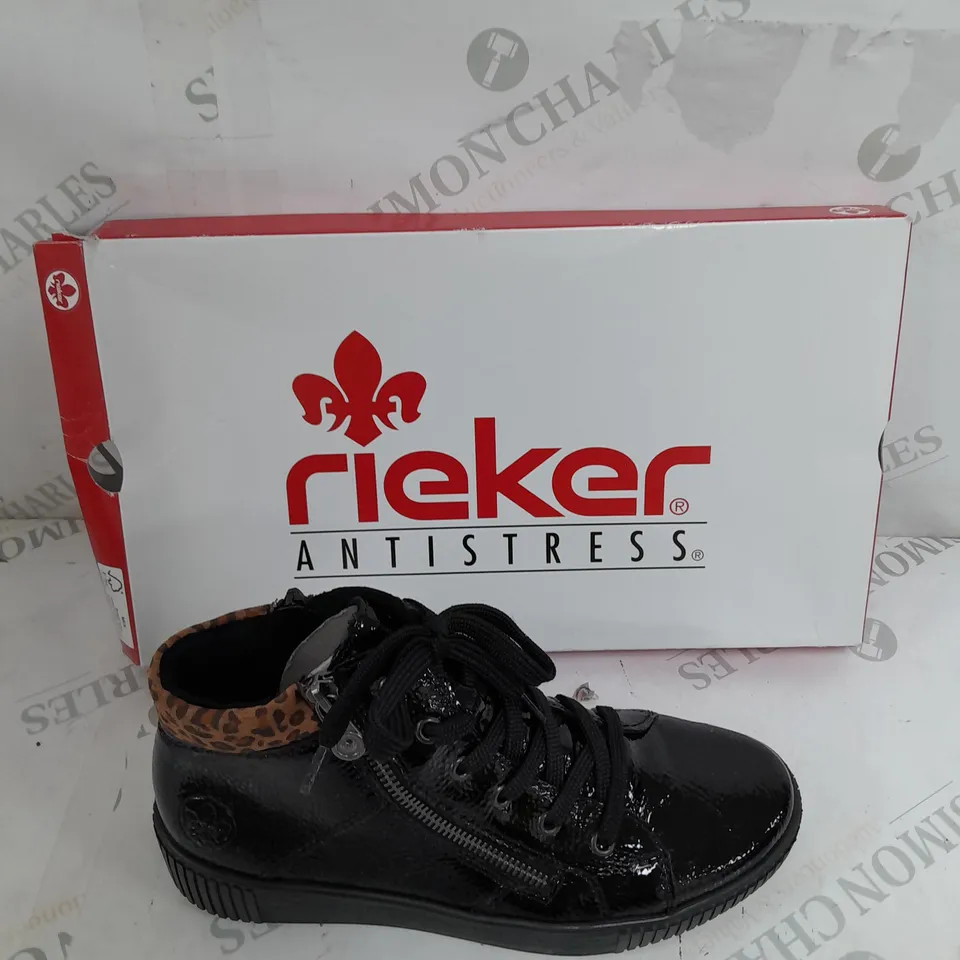 BOXED PAIR OF RIEKER HIGH TOP LEOPARD CUFF TRAINERS BLACK SIZE 5