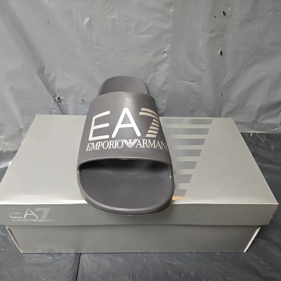 BOXED PAIR OF EMPORIO ARMANI SLIDES IN GREY - SIZE 43