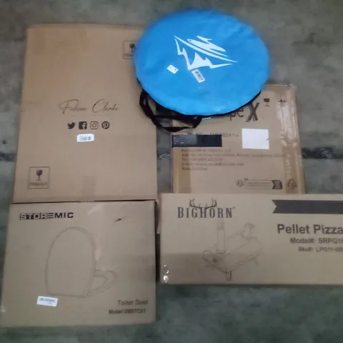 PALLET OF ASSORTED ITEMS INCLUDING STORMIC TOILET SEAT, BIGHORN PELLET PIZZA OVEN, POP UP TENT, FABIAN CLARKE PHOTOFRAMES