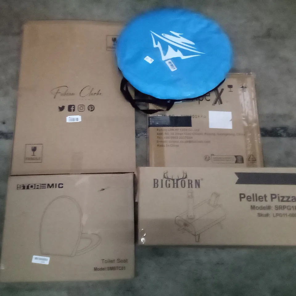 PALLET OF ASSORTED ITEMS INCLUDING STORMIC TOILET SEAT, BIGHORN PELLET PIZZA OVEN, POP UP TENT, FABIAN CLARKE PHOTOFRAMES