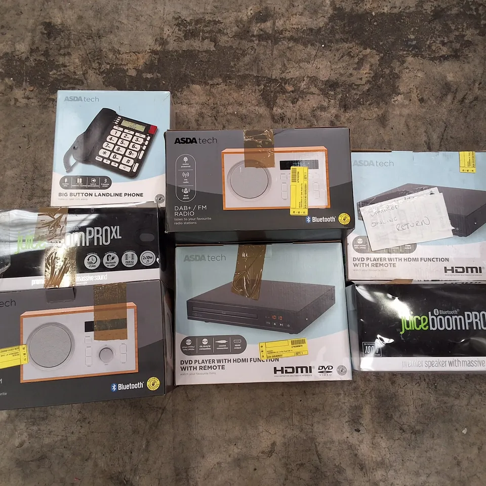 PALLET CONTAINING ASSORTED ELECTRICAL RETURNS INCLUDING BIG BUTTON LANDLINE PHONE, DAB+ / FM RADIO, DVD PLAYERS & BLUETOOTH SPEAKERS