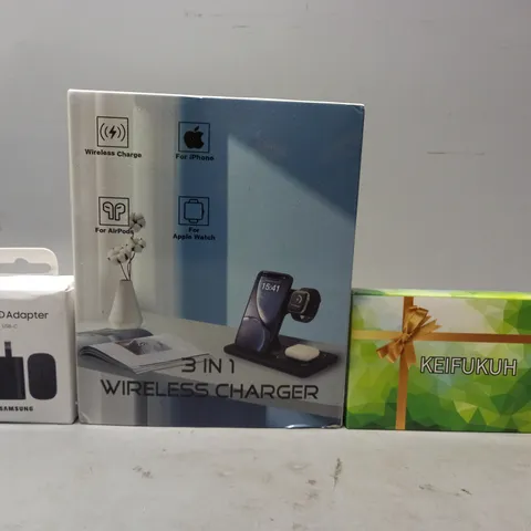 APPROXIMATELY 10 ASSORTED HOUSEHOLD ITEMS TO INCLUDE 3-IN-1 WIRELESS CHARGER, ADAPTER, ETC