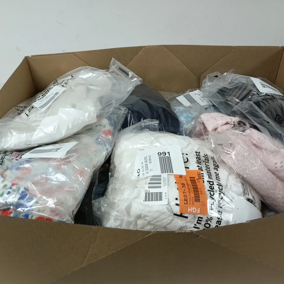 BOX OF APPROXIMATELY 18 ASSORTED CLOTHING ITEMS OF VARIOUS STYLES AND SIZES TO INCLUDE BRA, TEA DRESS MINI, LIGHT PINK DRESS ETC