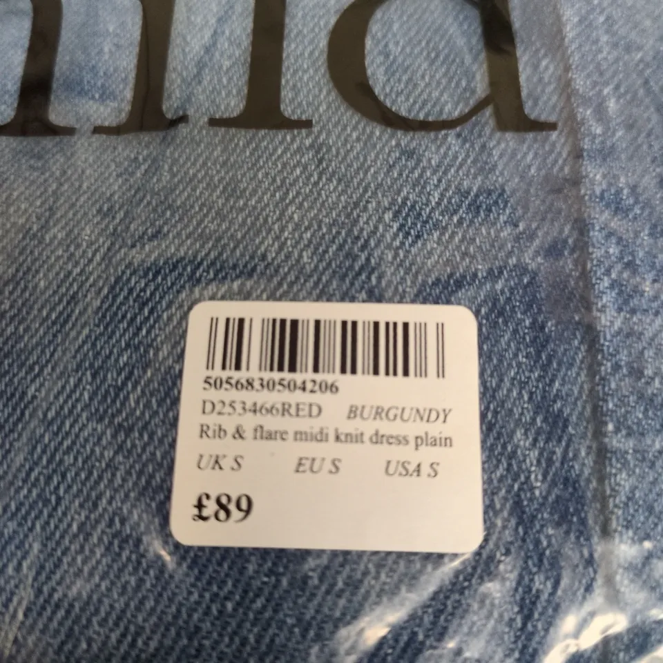 NOBODY'S CHILD RIB & FLARE MIDI KNIT DRESS – BURGUNDY, UK SIZE S