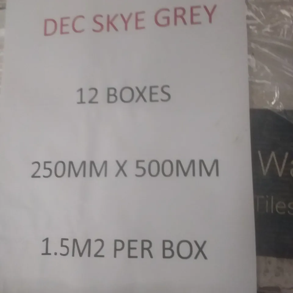 PALLET OF APPROXIMATELY 12 BOXES OF DEFINITIVE DEC SKYE GREY CERAMIC WALL TILES 250MM X 500MM APPROXIMATELY 1.5MSQ PER BOX