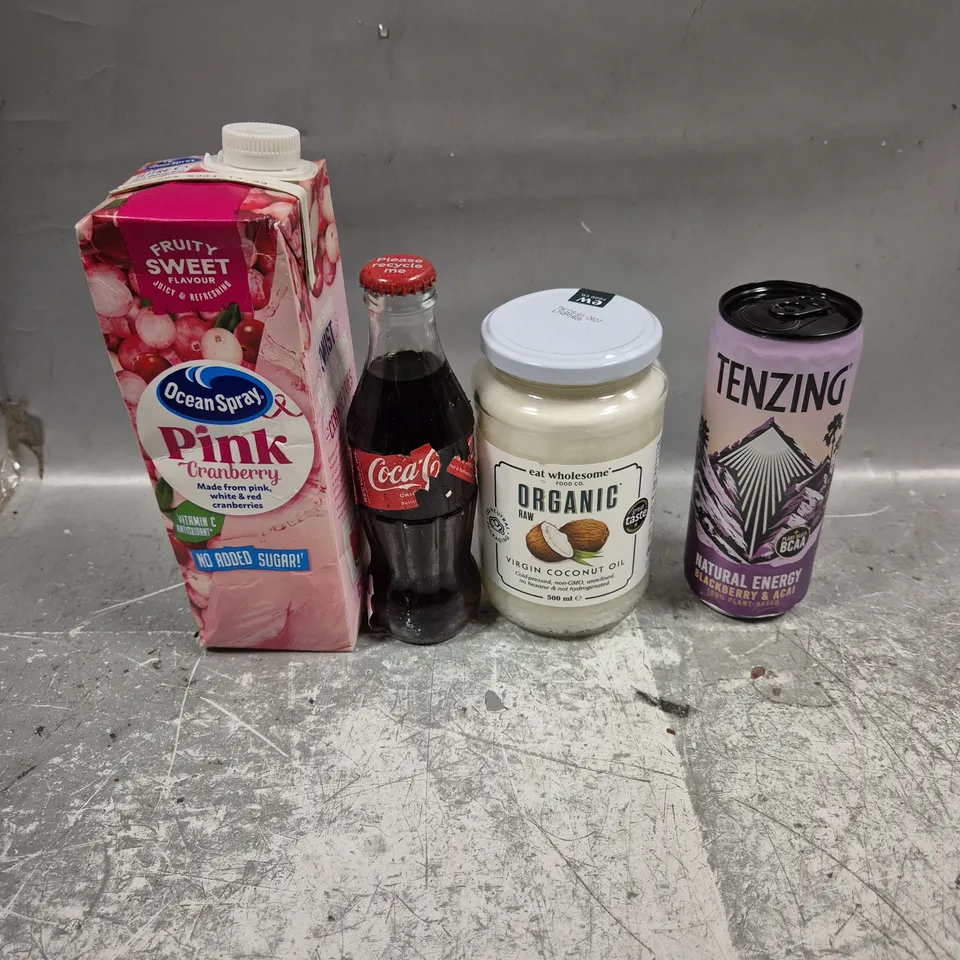 APPROXIMATELY 10 ASSORTED FOOD/DRINK PRODUCTS TO INCLUDE OCEAN SPRAY DRINK, COCONUT OIL, TENZING ENERGY DRINK ETC 