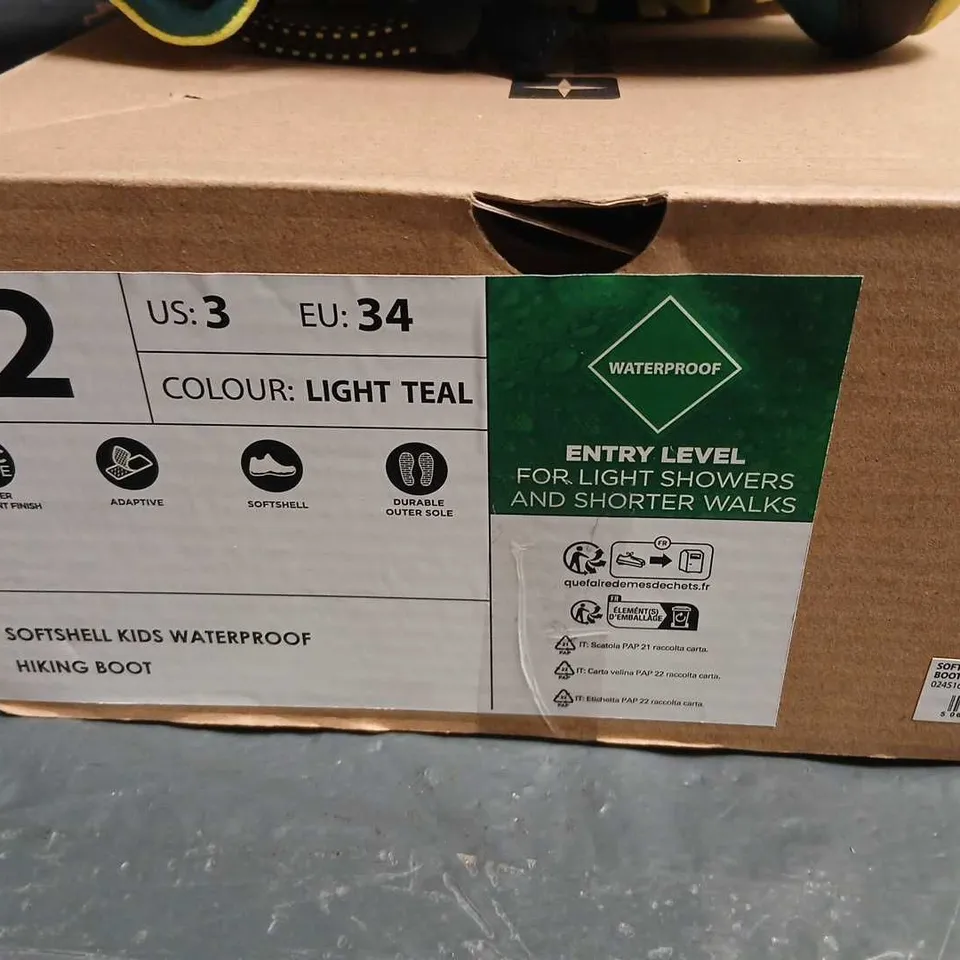 MOUNTAIN WAREHOUSE KIDS' WATERPROOF HIKING BOOTS – LIGHT TEAL, UK 2 (US 3, EU 34)