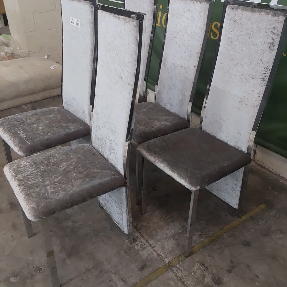 SET OF 5 DESIGNER UPHOLSTERED DINING CHAIRS PLUSH SILVER FABRIC, CHROME FAMES