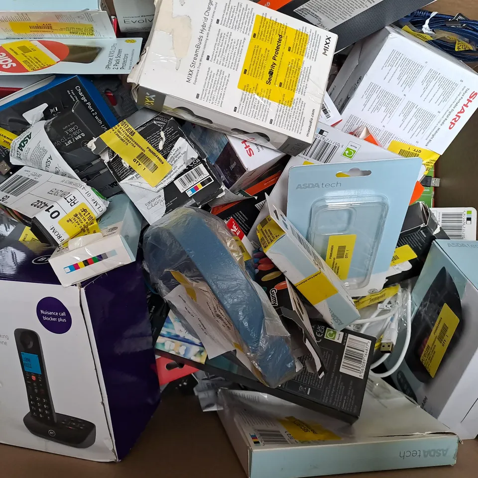 BOX OF APPROXIMATELY 50 ASSORTED ELECTRICAL ITEMS TO INCLUDE LANDLINE PHONE, DVD PLAYER, LED STRIP LIGHTS, ETC