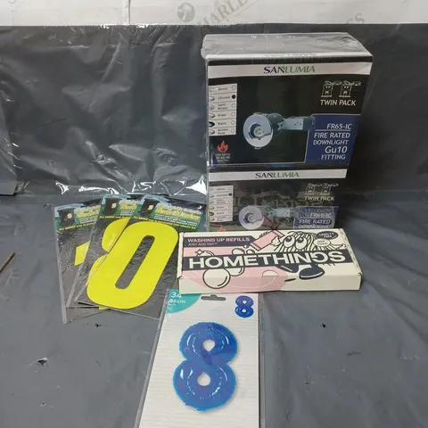 BOX OF APPROXIMATELY 15 ASSORTED HOUSEHOLD ITEMS TO INCLUDE LIGHTING, WHEELIE BIN STICKERS AND WASHING UP REFILLS