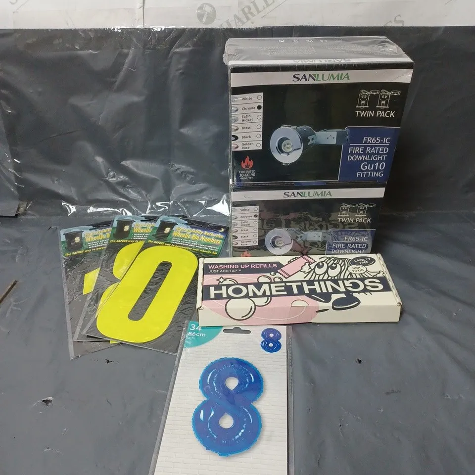 BOX OF APPROXIMATELY 15 ASSORTED HOUSEHOLD ITEMS TO INCLUDE LIGHTING, WHEELIE BIN STICKERS AND WASHING UP REFILLS