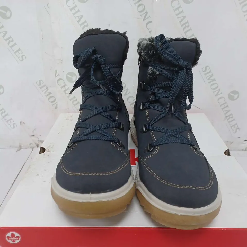 BOXED PAIR OF RIEKER WATER RESISTANT WARM HIKING BOOTS, NAVY - SIZE 42