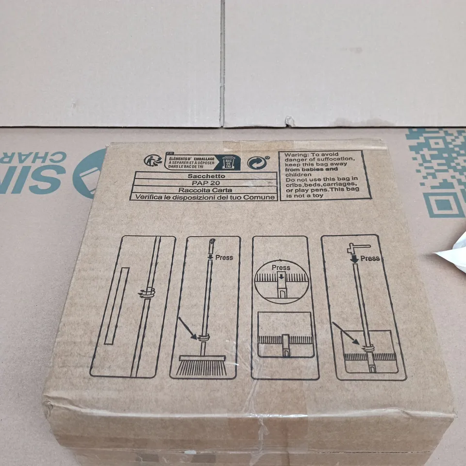 BOX OF APPROXIMATELY 15 ASSORTED GOODS INCLUDING DRY WIPES, BROOM AND A LAPTOP BAG