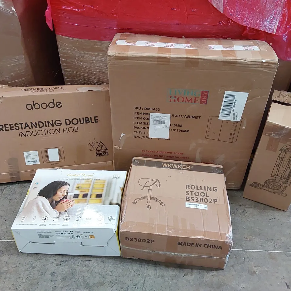 PALLET OF ASSORTED ITEMS INCLUDING: CABINET, VACUUM CLEANER, HEATED BLANKET, FREESTANDING DOUBLE INDUCTION HOB, ROLLING STOOL