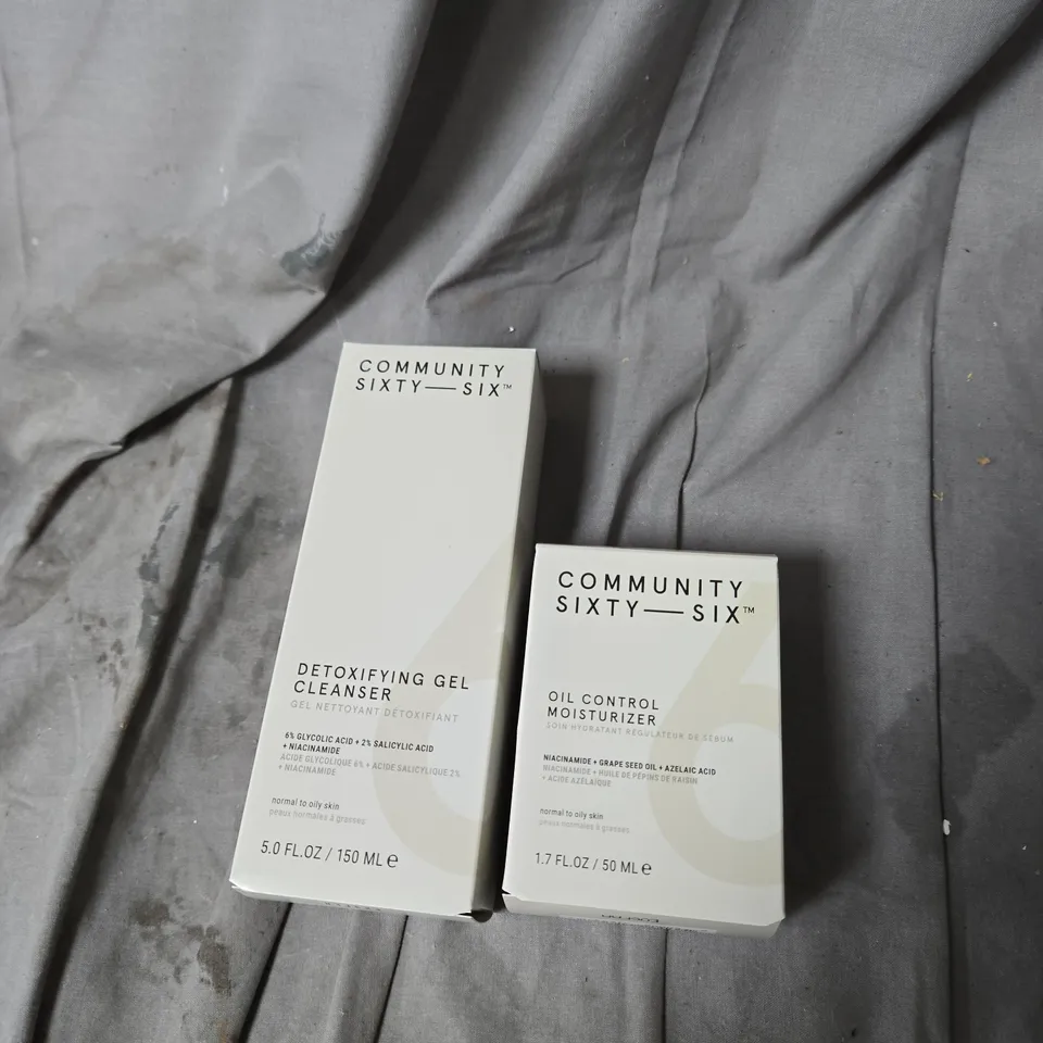 BOX OF APPROXIMATELY 15 X COMMUNITY SIXTY-SIX DETOXIFYING GEL CLEANSER & OIL CONTROL MOISTURIZER – FACIAL SKIN CARE DUO