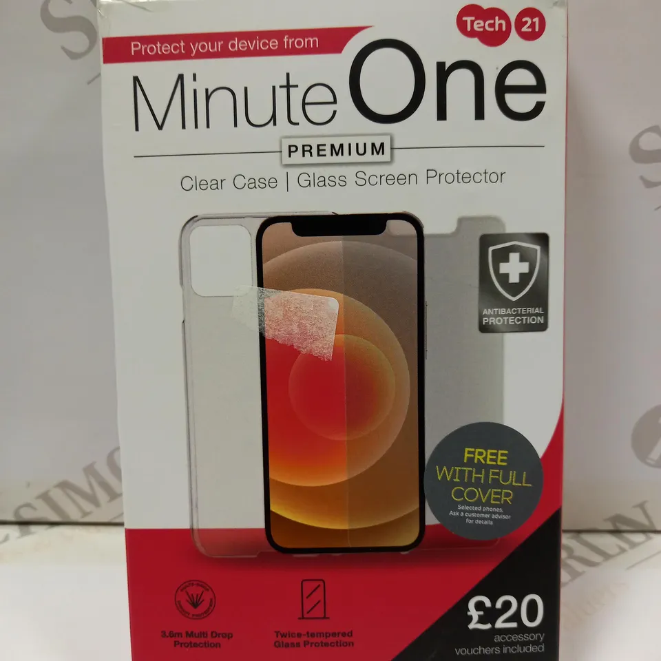BOX OF APPROX 20 TECH 21 MINUTE ONE PREMIUM PHONE CASE AND SCREEN PROTECTOR FOR ASSORTED PHONES