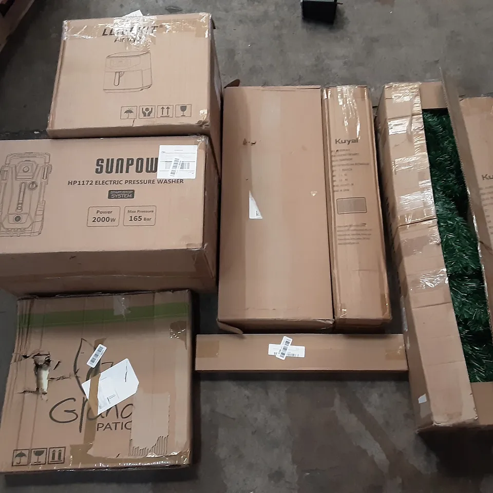 PALLET OF ASSORTED PRODUCTS INCLUDING LLIVEKIT AIR FRYER, SUNPOW ELECTRIC PRESSURE WASHER, KUYAL CHAIR MAT FOR CARPET, AIR COOLER, MARTIAN DREAMS, YOUNIKE