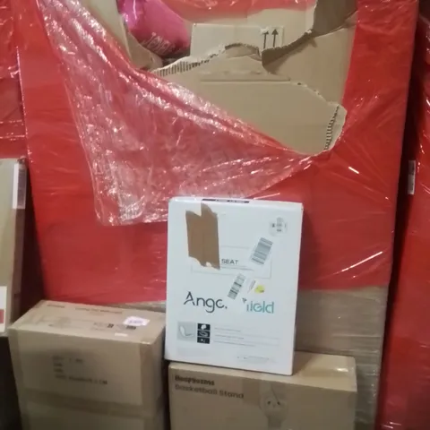 PALLET OF ASSORTED HOUSEHOLD GOODS AND PRODUCTS TO INCLUDE;BASKETBALL STAND,CEILING FAN WITH LIGHT,TOILET SEAT
