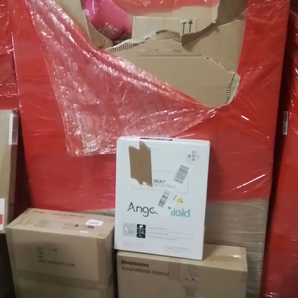 PALLET OF ASSORTED HOUSEHOLD GOODS AND PRODUCTS TO INCLUDE;BASKETBALL STAND,CEILING FAN WITH LIGHT,TOILET SEAT
