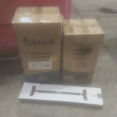 PALLET OF ASSORTED HOUSEHOLD GOODS AND PRODUCTS TO INCLUDE; PRESSURE WASHERS, DOOR WAY CHIN-UP BARS, BOXED FURNITURE ETC