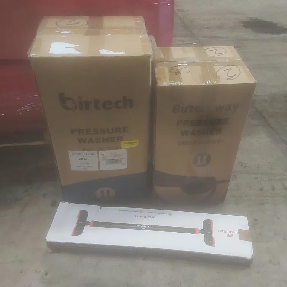 PALLET OF ASSORTED HOUSEHOLD GOODS AND PRODUCTS TO INCLUDE; PRESSURE WASHERS, DOOR WAY CHIN-UP BARS, BOXED FURNITURE ETC