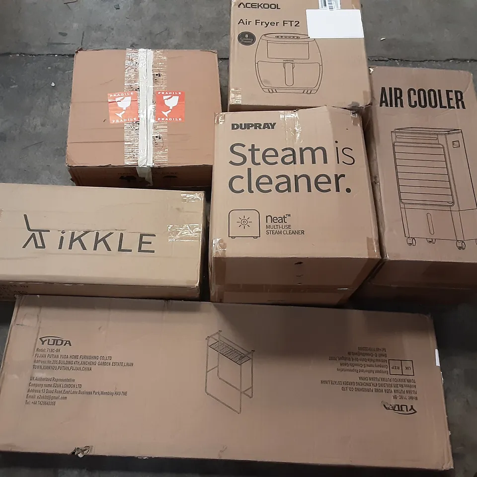 PALLET OF ASSORTED PRODUCTS INCLUDING AIR COOLER, DUPRAY STEAM CLEANER, YUDA, TIKKLE, ACEKOOL AIR FRYER, ZEBRA BLINDS 
