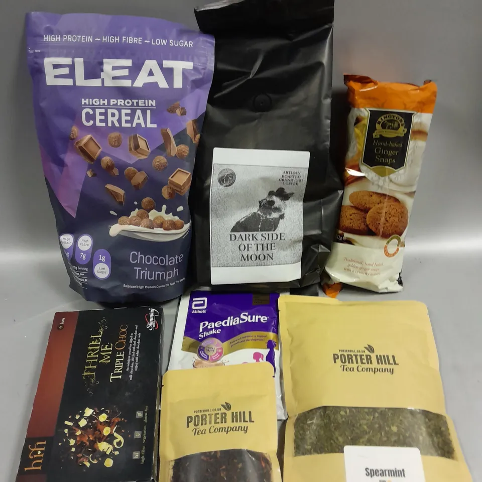 APPROXIMATELY 15 ASSORTED FOOD/DRINK PRODUCTS TO INCLUDE ELEAT CEREAL, PORTER HILL TEA, PAEDIASURE SHAKE ETC