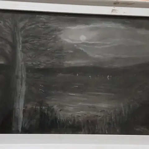 MONOCHROME LANDSCAPE PAINTING WITH TREE AND MOON, FRAMED