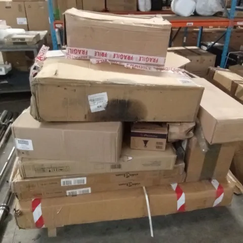 PALLET OF ASSORTED HOUSEHOLD GOODS AND INCOMPLETE FURNITURE PARTS TO INCLUDE; VACUUM CLEANER, WALKING PAD, APPLE CRATES, LIGHTING ETC