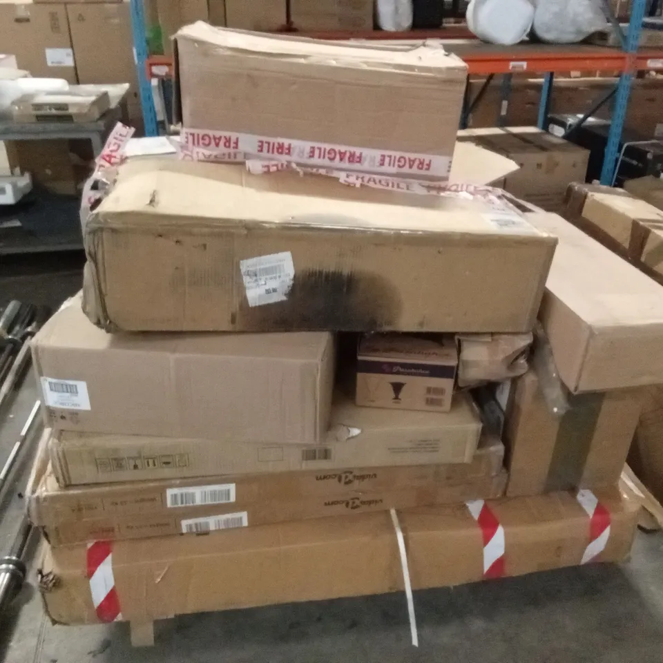 PALLET OF ASSORTED HOUSEHOLD GOODS AND INCOMPLETE FURNITURE PARTS TO INCLUDE; VACUUM CLEANER, WALKING PAD, APPLE CRATES, LIGHTING ETC