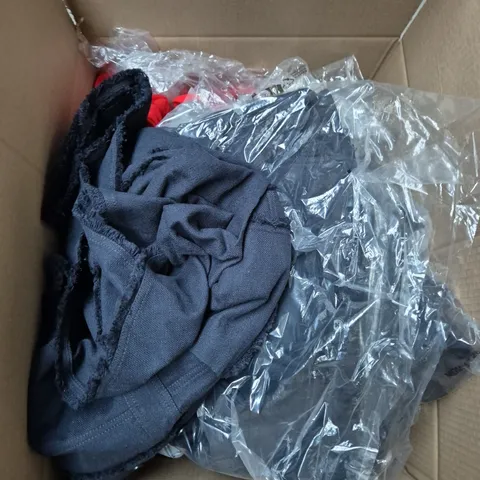 LARGE BOX OF ASSORTED CLOTHING ITEMS IN VARIOUS SIZES, STYLES AND COLOUR 