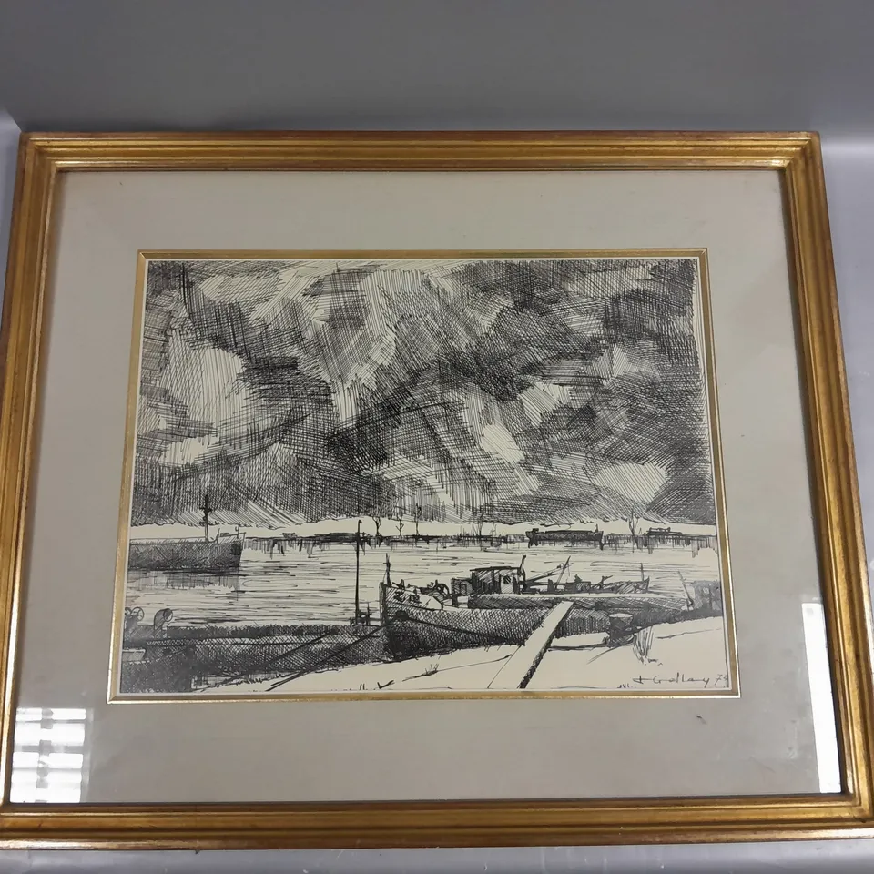 FRAMED J. GALLAY PEN AND INK HARBOUR SCENE