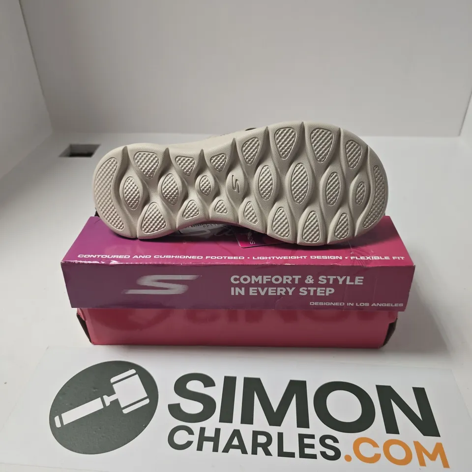 BOXED PAIR OF SKECHERS GO WALK FLEX SANDALS IN TAUPE - UK 5