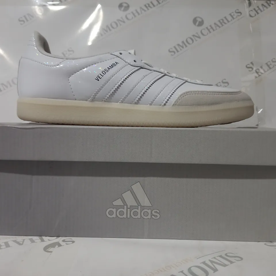 BOXED PAIR OF ADIDAS THE VELOSAMBA VEGAN SHOES IN WHITE W. PRISMATIC EFFECT UK SIZE 8.5