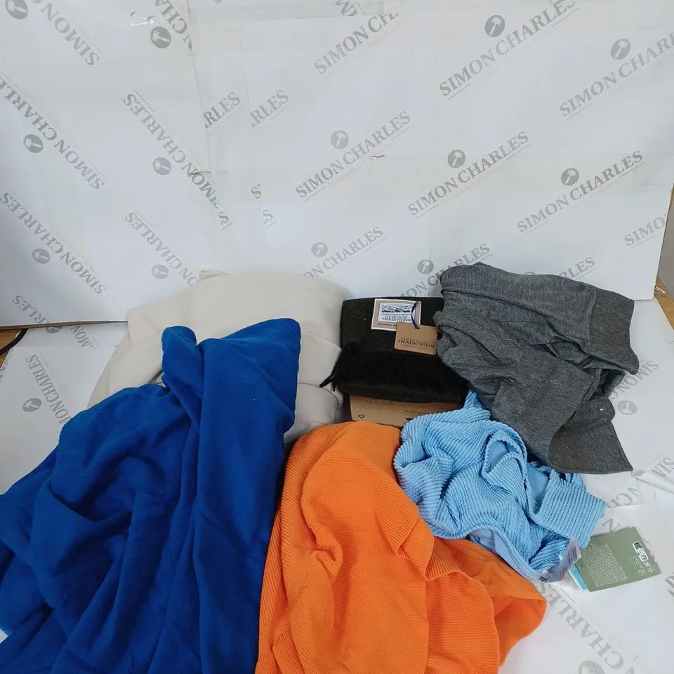 LARGE BOX OF ASSORTED CLOTHING ITEMS IN VARIOUS COLOURS AND SIZES INCLUDING TROUSERS , TOPS AND JUMPERS 
