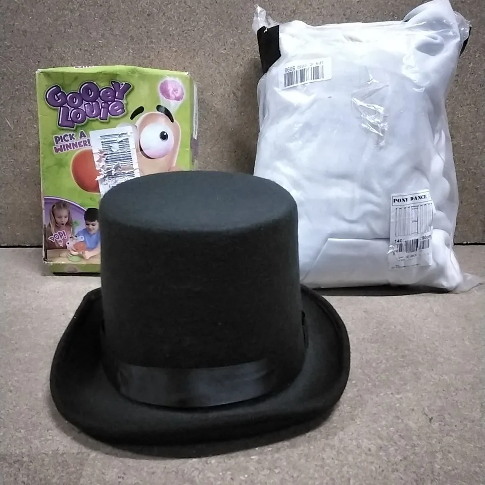 LOT OF VARIOUS ASSORTED HOUSEHOLD ITEMS TO INCLUDE: BOWLER HAT, CURTAINS, GOOEY LOUIE GAME ETC