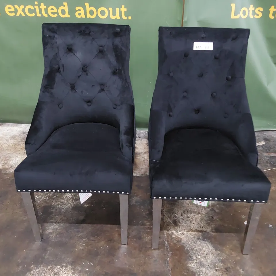 PAIR OF DESIGNER UPHOLSTERED BUTTONED RING BACK DINING CHAIRS ON SILVER LEGS