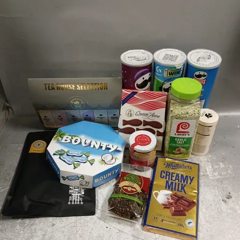 APPROXIMATELY 12 ASSORTED FOOD & DRINK ITEMS TO INCLUDE - ASSORTED PRINGLES - BOUNTY CHOCOLATE - LAWRY'S GARLIC SALT - ETC