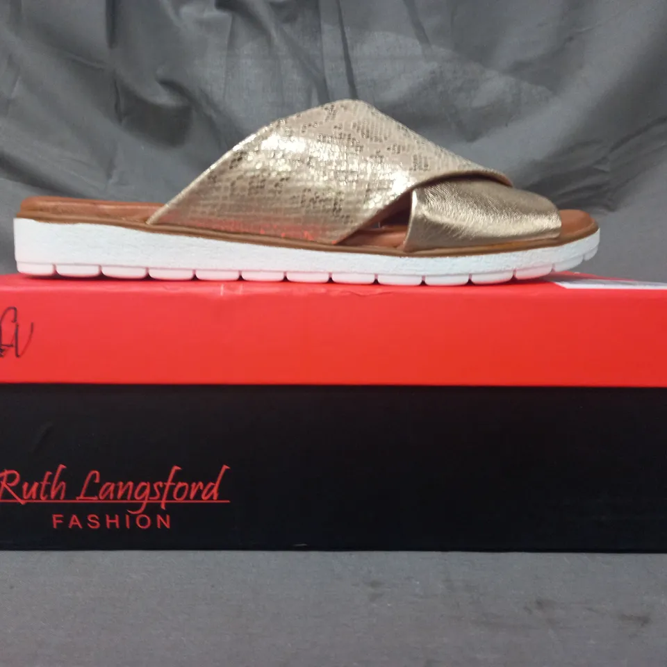 BOXED PAIR OF RUTH LANGSFORD FLAT SANDALS IN METALLIC CHAMPAGNE GOLD SIZE 6